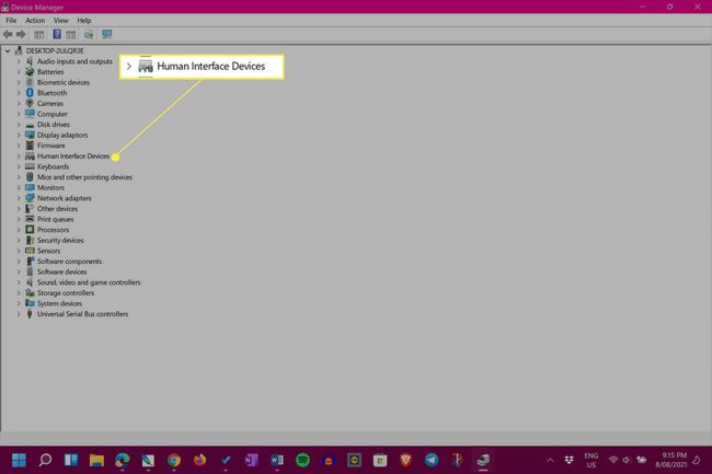 Windows 11 Device Manager, jossa ihmiskäyttöliittymälaitteet on korostettuna