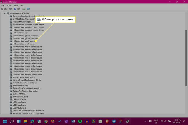 Windows 11 Device Manager HID-yhteensopiva kosketusnäyttö korostettuna