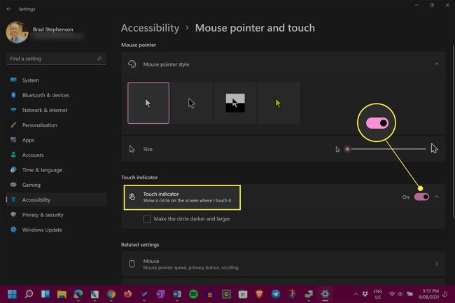 Windows 11 hiiren osoitin ja kosketusasetukset kosketusilmaisin ja kytkin korostettuna