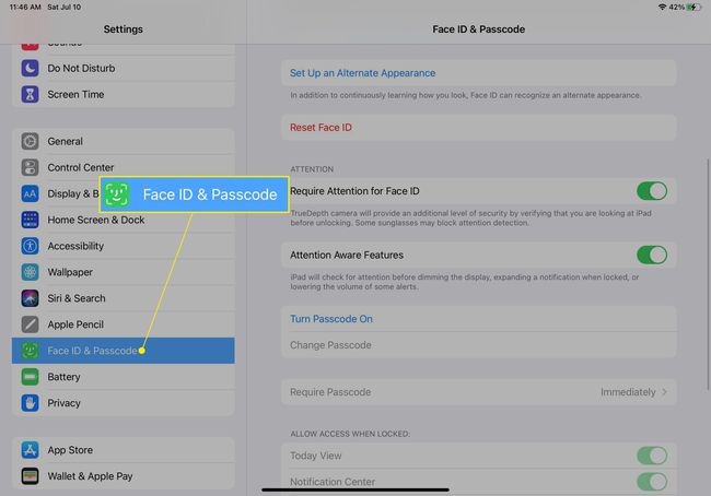 iPad-asetukset, joissa kasvotunnus ja pääsykoodi korostettuina