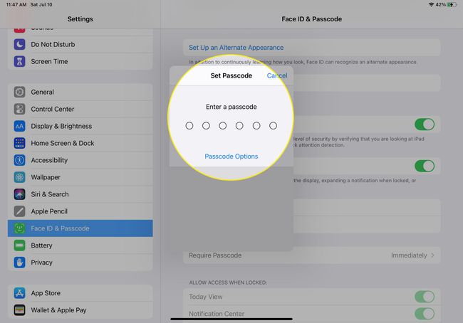 iPad Face ID- ja pääsykoodiasetukset, joissa pääsykoodin syöttökenttä on korostettu
