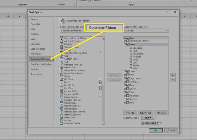 Mukauta nauhavälilehteä Excelin asetuksissa