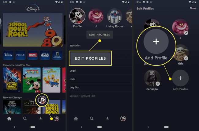 Profiilien löytäminen Disney+ -sovelluksesta.