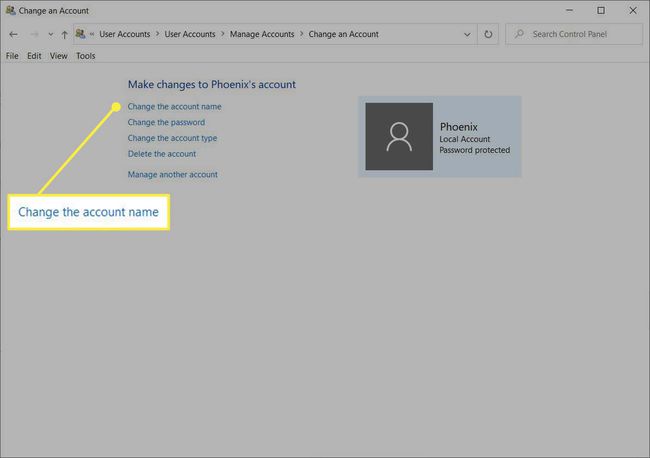 Muuta linkki tilin nimeen, joka on korostettu Windowsin Ohjauspaneelissa.