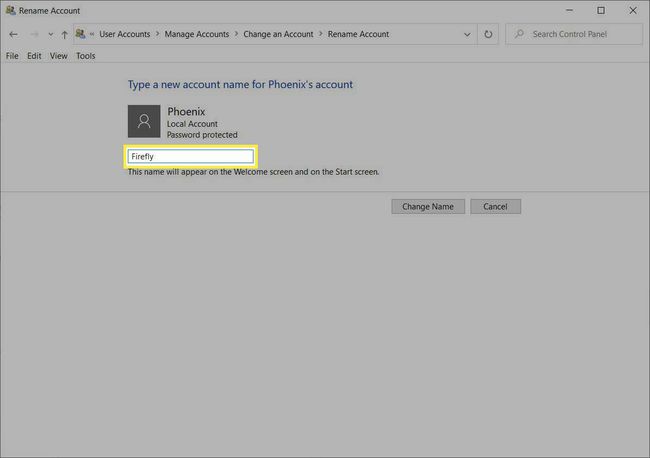 Nimikenttä on korostettu, kun muutat tilin nimeä Windowsin Ohjauspaneelissa.