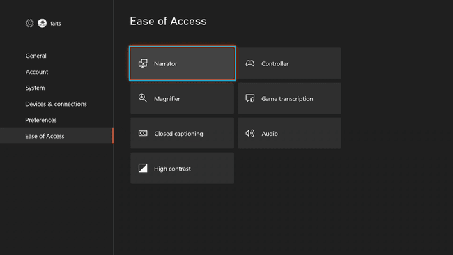 Esteettömyysasetukset Xbox Series X|S:ssä Narratorin ollessa päällä.