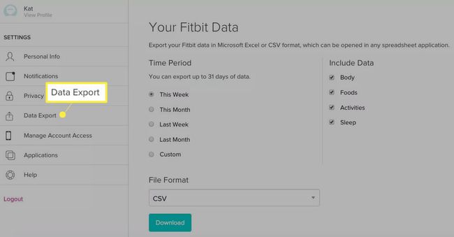 Fitbit Data Export -valikko