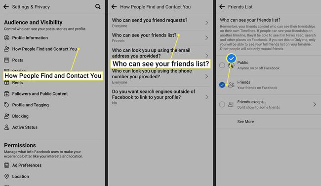 Miten ihmiset löytävät sinut ja ottavat sinuun yhteyttä, kuka näkee ystäväluettelosi ja valintamerkin Facebook-sovelluksessa