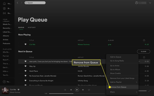 Poista kappale Spotify-työpöydän jonosta