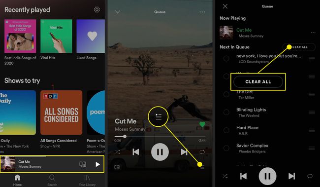 Näyttökaappaukset, joissa näytetään, kuinka Spotify Mobilen jono tyhjennetään.