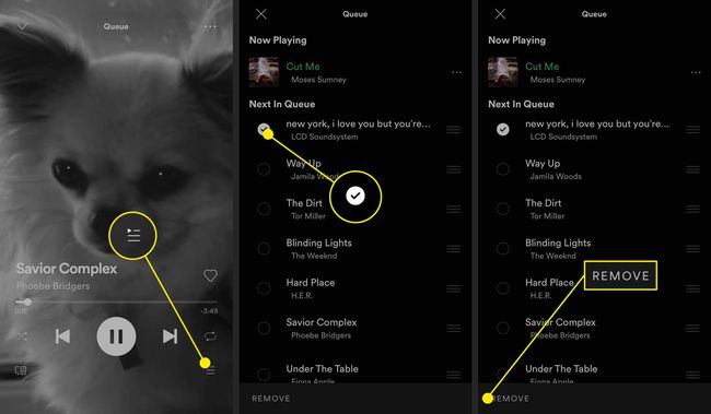 Näyttökaappaukset, joissa näytetään yksittäisten kohteiden poistaminen Spotifyn jonosta.