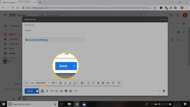Sähköposti Gmailissa, jossa Lähetä-painike on korostettuna