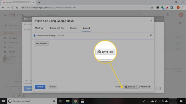 Lisää tiedostot -ikkuna Gmailissa Drive Link -painikkeella korostettuna
