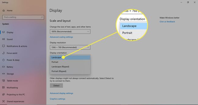 Näyttövaihtoehdot Windows 10:ssä, kun Vaaka-vaihtoehto on korostettu