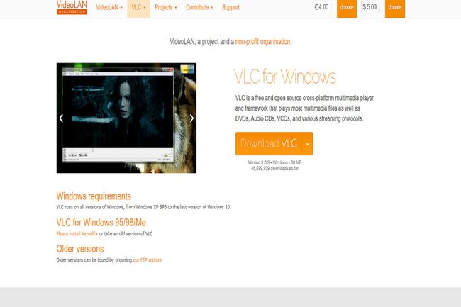 Kuvakaappaus VLC for Windows -verkkosivusta.  Täältä voit ladata VLC DVD -soittimen ilmaiseksi.