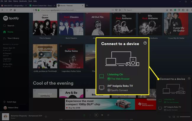 Yhteyden muodostaminen laitevalintaikkunaan Spotify Web Playerissa