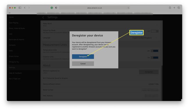 Alexa-verkkosivusto, jossa on korostettuna laitteen rekisteröinnin poistaminen