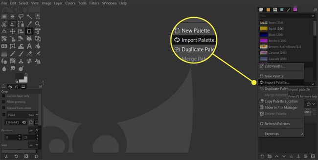 Kuvakaappaus GIMP-palettivalikosta, jossa Tuo paletti -komento on korostettuna