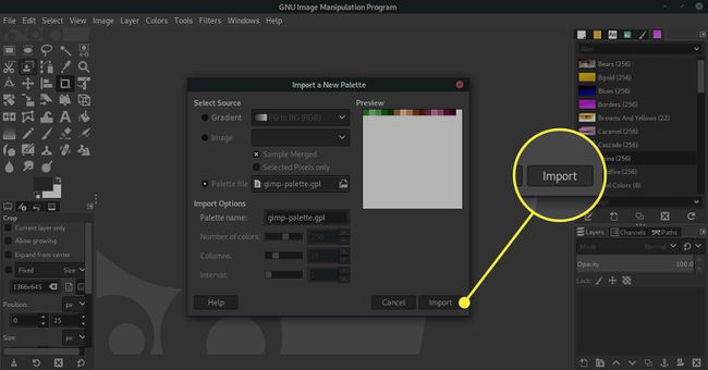 Kuvakaappaus GIMPistä "Tuo uusi paletti" ikkuna, jossa Tuo-painike on korostettuna