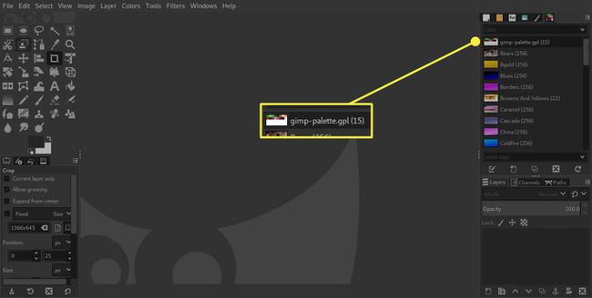 Kuvakaappaus GIMP:stä, jossa mukautettu paletti korostettuna