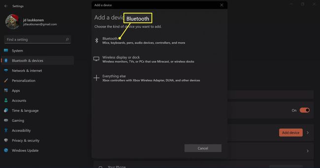 Bluetooth korostettuna Lisää laite -valikossa Windows 11:ssä