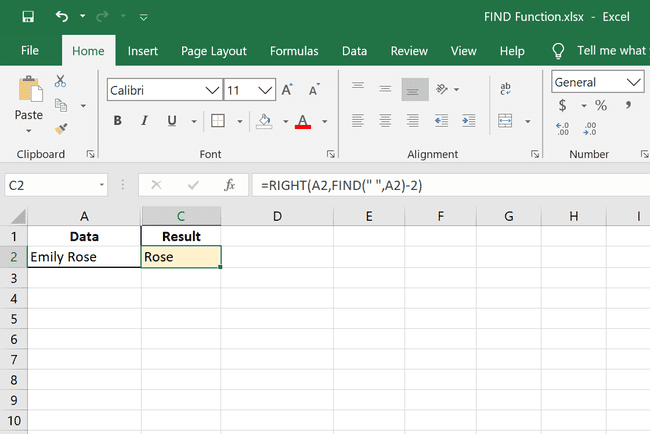 Excel FIND -toiminto, joka poimii sukunimen