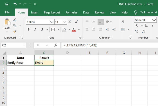 Excel FIND -funktion kaava etunimen poimimiseen