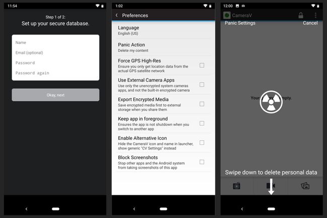 CameraV: (vasemmalla) Asetukset, joka kysyy nimeä, sähköpostiosoitetta ja salasanaa, (keskellä) asetukset, jotka mahdollistavat VAIN sisäänrakennetun salatun kameran käytön, (oikealla) Paniikkitila, joka pyytää pyyhkäisemään alas nähdäksesi henkilökohtaiset tiedot.