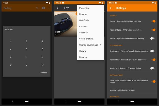 Yksinkertainen galleria: (vasemmalla) PIN pääsyä varten;  (keskellä) näyttää "Piilota kansio" -vaihtoehdon;  (oikealla) Asetukset, salasanasuojattu näkyvyys, sovellus ja asennuksen poisto näytetään