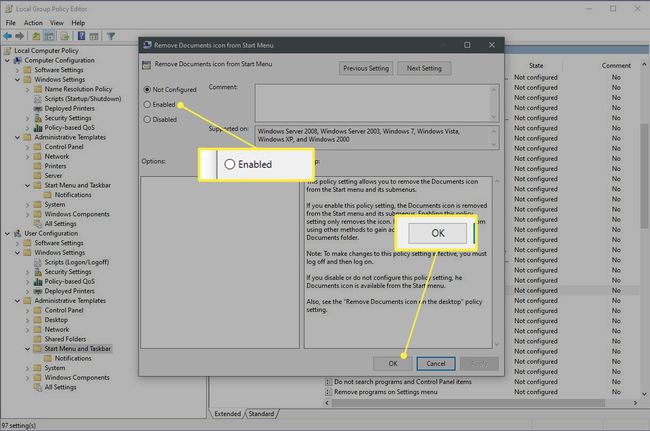 Poista Documents-kuvake Käynnistä-valikon Paikallinen ryhmäkäytäntö -valintaikkunasta, jossa on "käytössä" ja "OK".