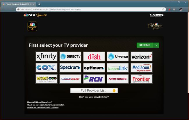 NBC Sportsin kuvakaappaus, jossa näkyy TV-palveluntarjoajan valintaruutu.