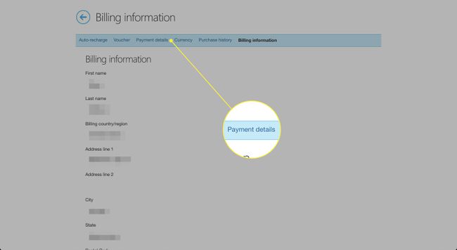 Kuvakaappaus Skypen Laskutustiedot-sivusta, jonka Maksutiedot-otsikko on korostettuna