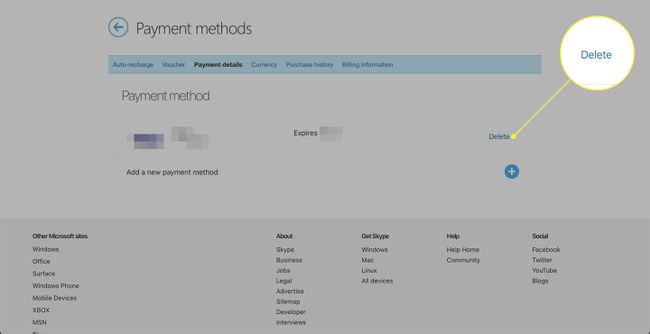 Kuvakaappaus Skypen maksutavat -näytöstä, jossa on korostettuna Poista-painike