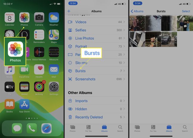 iPhone näyttää Bursts-albumin Kuvat-sovelluksessa