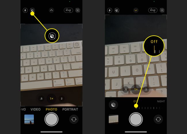 Näyttökaappaukset, jotka kuvaavat yötilan poistamista käytöstä iOS-kamerasovelluksessa.