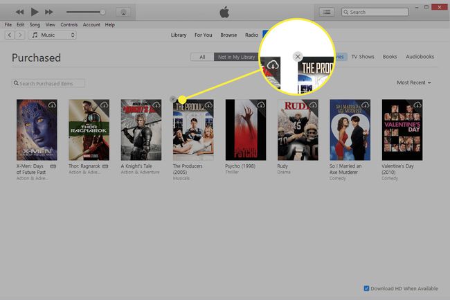 Kuvakaappaus iTunes Purchased -näytöstä, jossa Piilota-painike on korostettuna