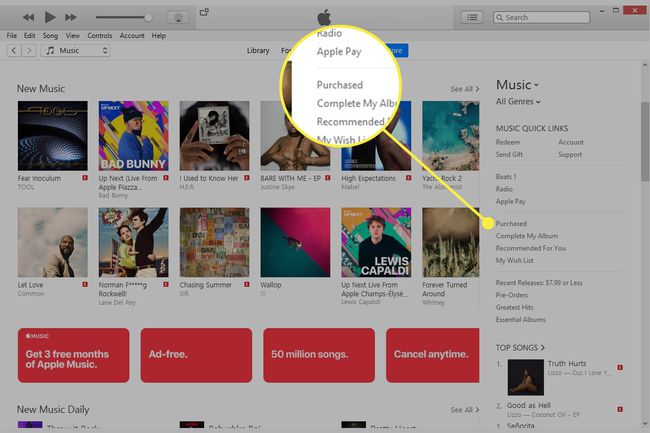 iTunes-kuvakaappaus, jossa Ostettu-otsikko on korostettuna