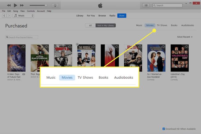 Kuvakaappaus iTunesista, jossa medialuokat korostettuina