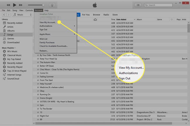 Kuvakaappaus iTunesista, jossa Näytä oma tili -valikkovaihtoehto on korostettuna