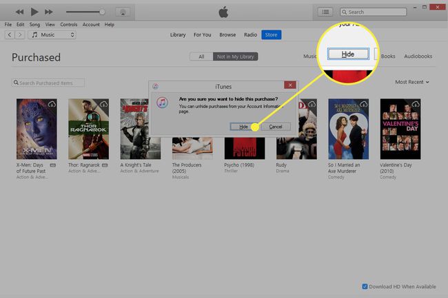 Kuvakaappaus iTunesista, jossa Piilota-painike on korostettuna