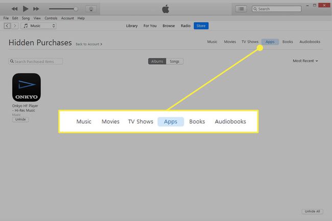 Kuvakaappaus iTunesin Piilotetut ostokset -näytöstä, jossa medialuokat on korostettu