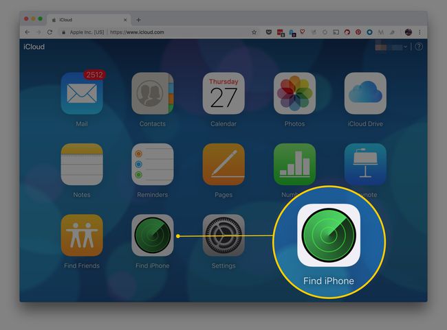 iCloud.com-verkkosivu Chromessa, jossa on Etsi iPhone -kuvake