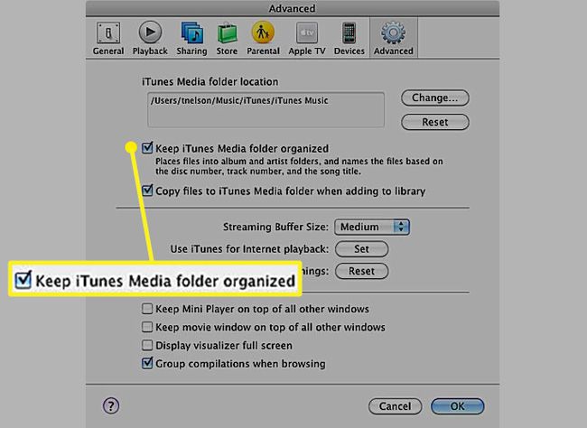 iTunesin lisäasetukset, joissa on valintamerkki Pidä iTunesin mediakansio järjestyksessä