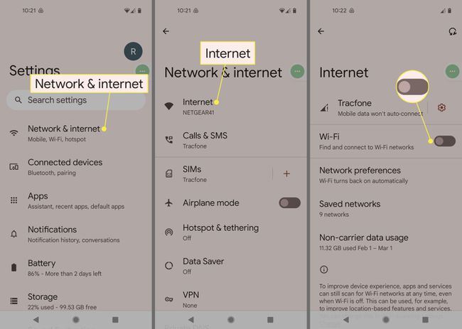 Verkko ja internet, internet ja wifi-kytkin Android-asetuksissa