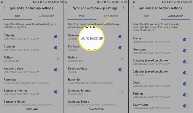 Samsung Sync ja automaattinen varmuuskopiointiasetukset