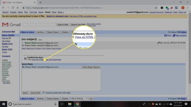 Kuvakaappaus viestistä Gmail Basicissa, jossa Näytä HTML-muodossa -painike on korostettuna