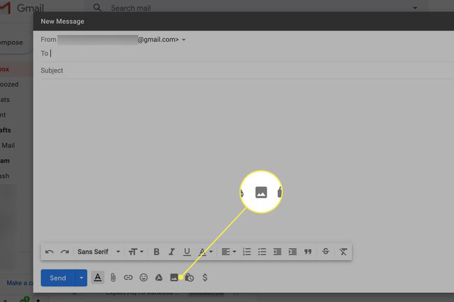 Kuvakaappaus Gmailista, jossa Lisää kuva -painike on korostettuna