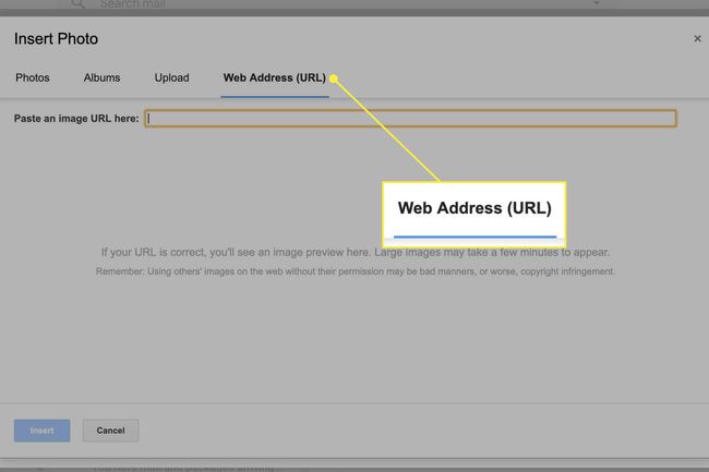 Kuvakaappaus Lisää valokuva -näytöstä Gmailissa, jossa Verkko-osoite-välilehti on korostettuna