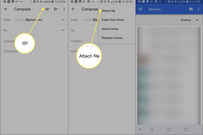 Gmail-sovelluksen kuvakaappaukset Liitä- ja Liitä tiedosto -painikkeet korostettuina