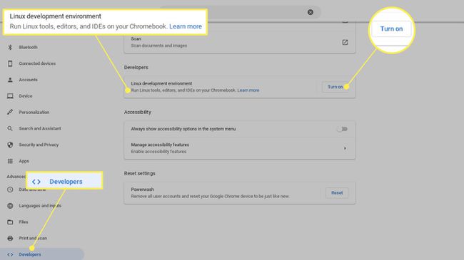 Chromebookin asetuksissa korostettuna Linux Developers Environment, Turn On-toggle ja Developers